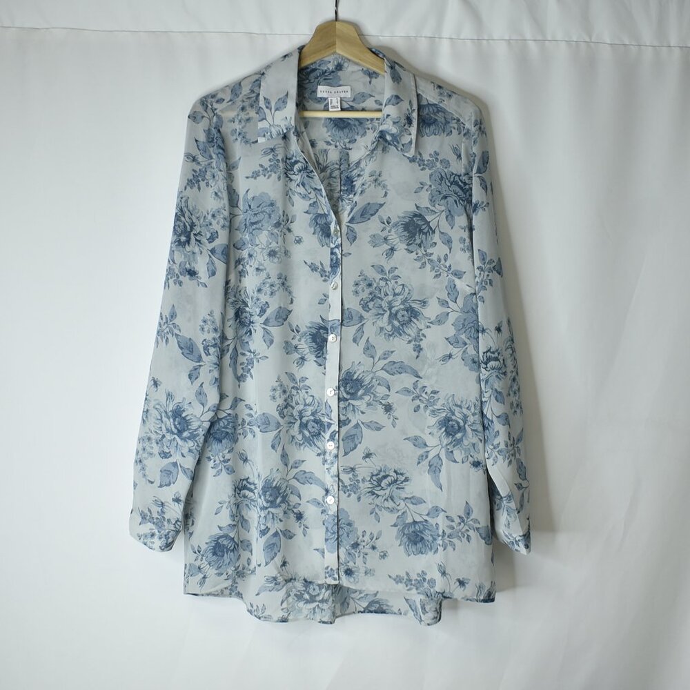 Susan Graver Women's Shirt Blouse Shear Floral Blue Long Sleeve Tunic
